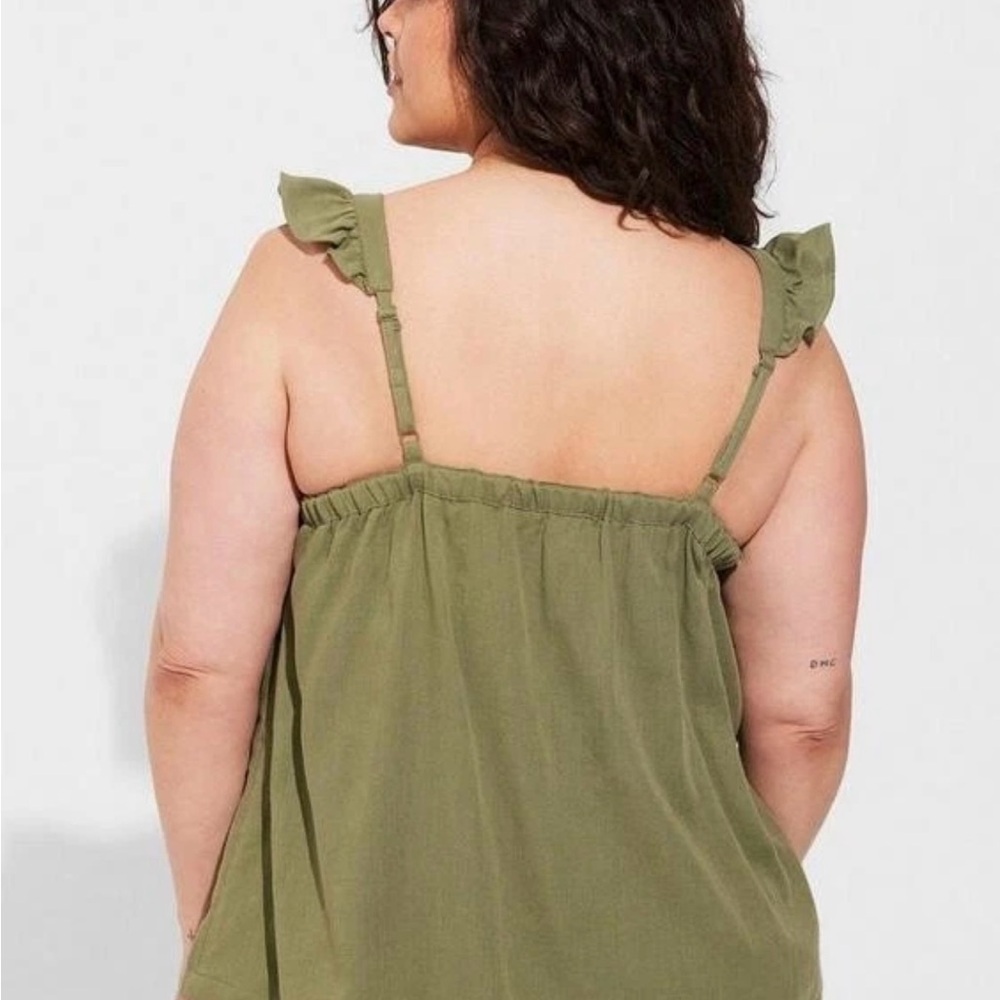 torrid Olive Green Button-Front Ruffle Strap Tank - Picture 2 of 5